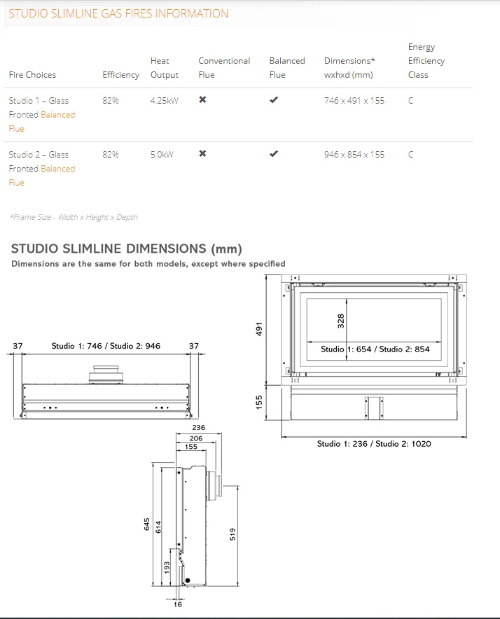 Studio 1 Slimline Dimensions