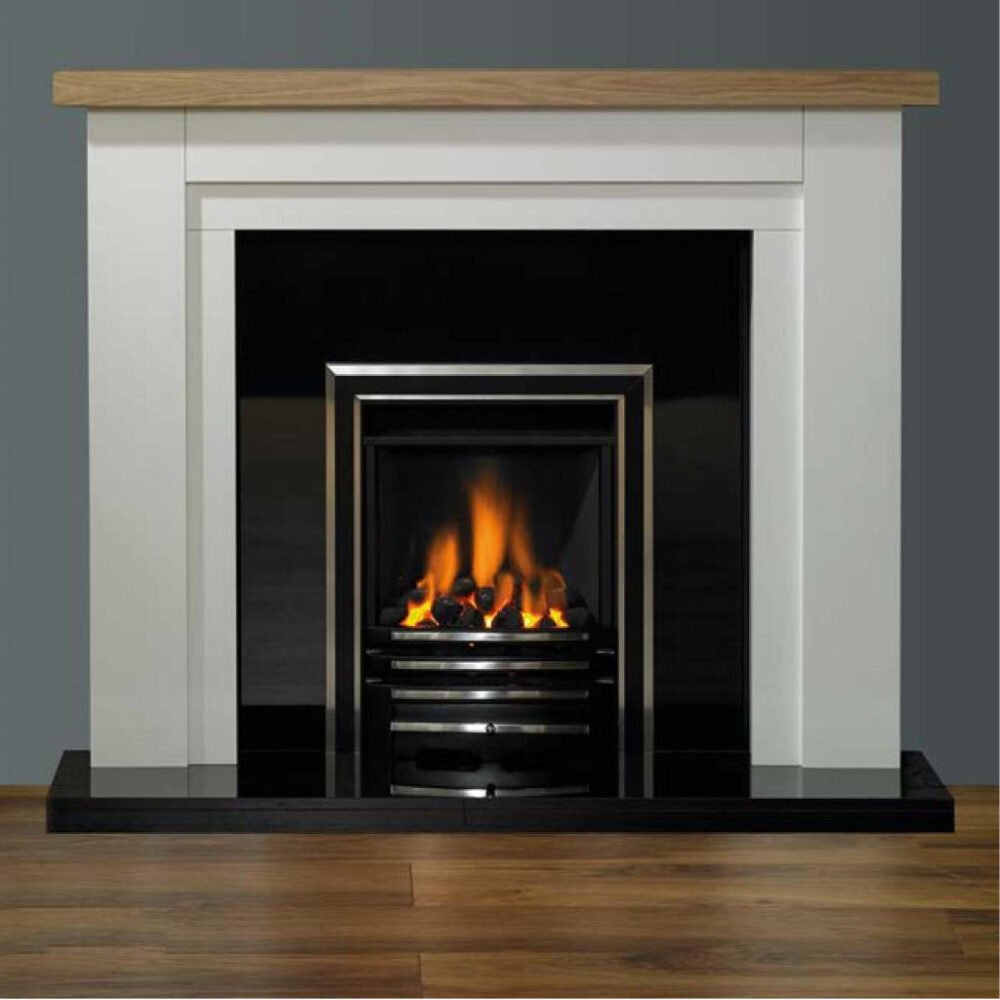 Benidorm fireplace with a polished granite hearth and back panel