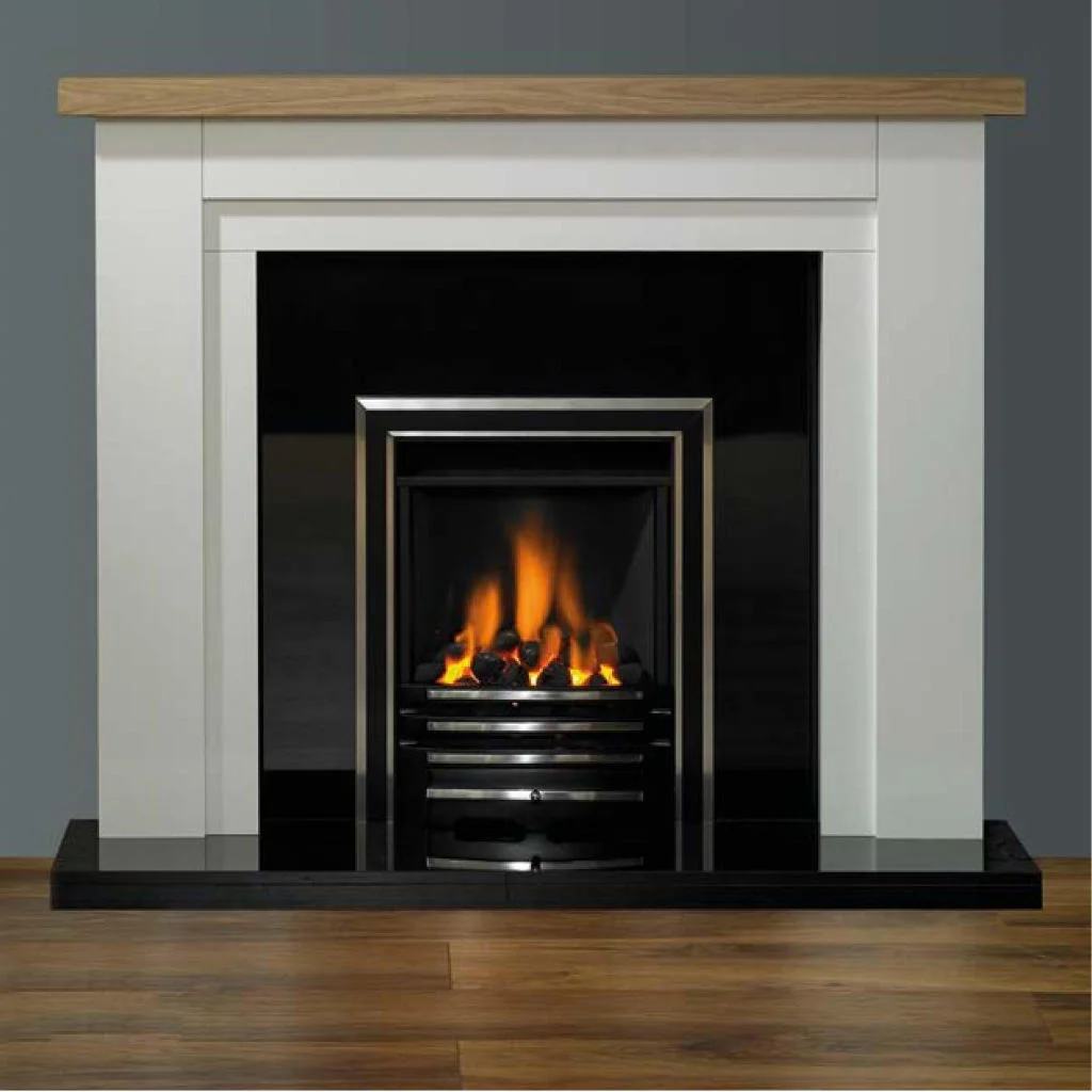 Benidorm fireplace with a polished granite hearth and back panel